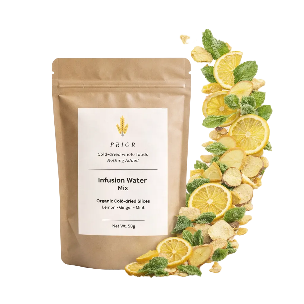 . Infusion Water
English: PRIOR Infusion Water Mix with cold-dried lemon slices, fresh mint leaves, and ginger slices.
Svenska: PRIOR Infusion Water Mix med kalltorkade citronskivor, färska myntablad och ingefärsskivor.