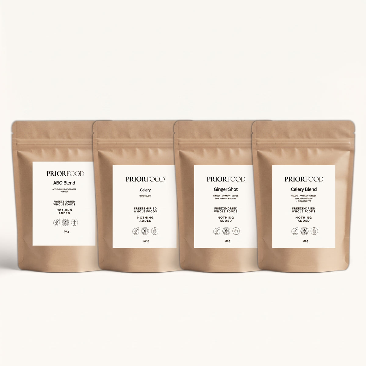 Four Priorfood pouches: Celery, Celery Blend, Ginger Shot and ABC-Blend.