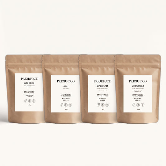 
Fyra Priorfood-påsar: Selleri, Selleriblandning, Ingefärsshot och ABC-blandning.