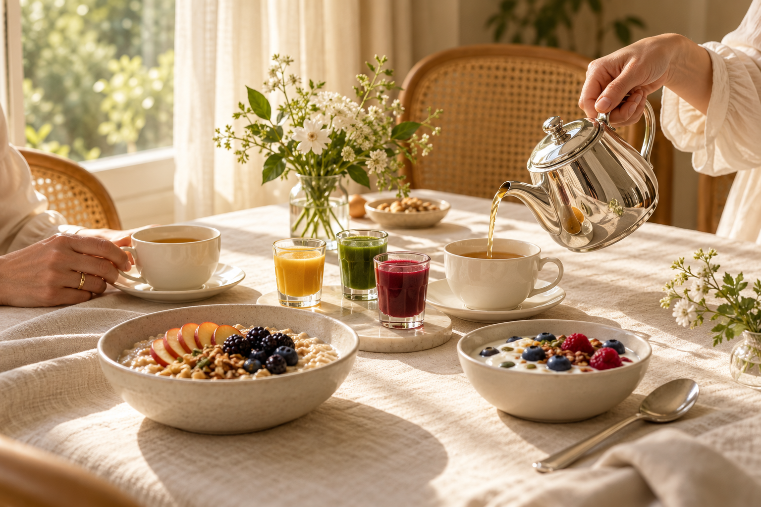 Frukost med gröt, yoghurt, färgstarka shots och te på ett solbelyst bord