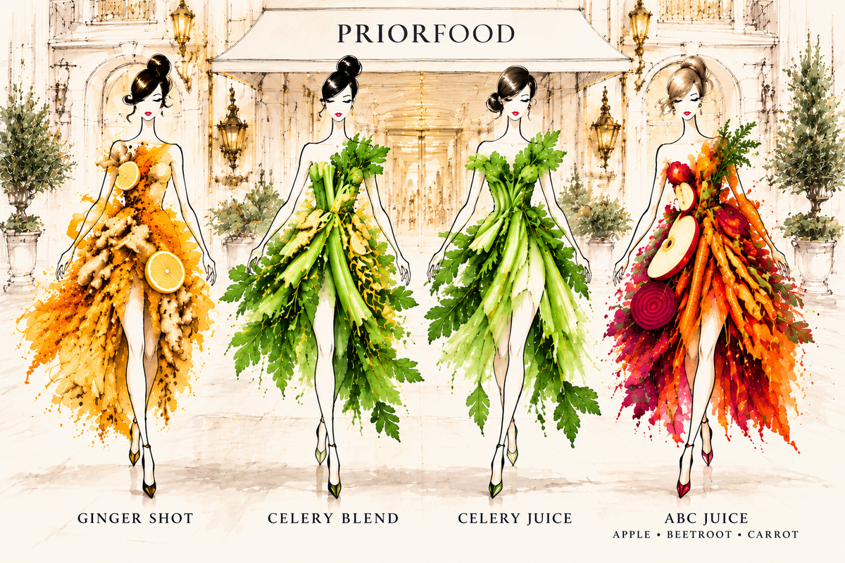 Priorfood collection: Ginger Shot, Celery Blend, Celery Juice and ABC Juice — Apple, Beetroot, Carrot.