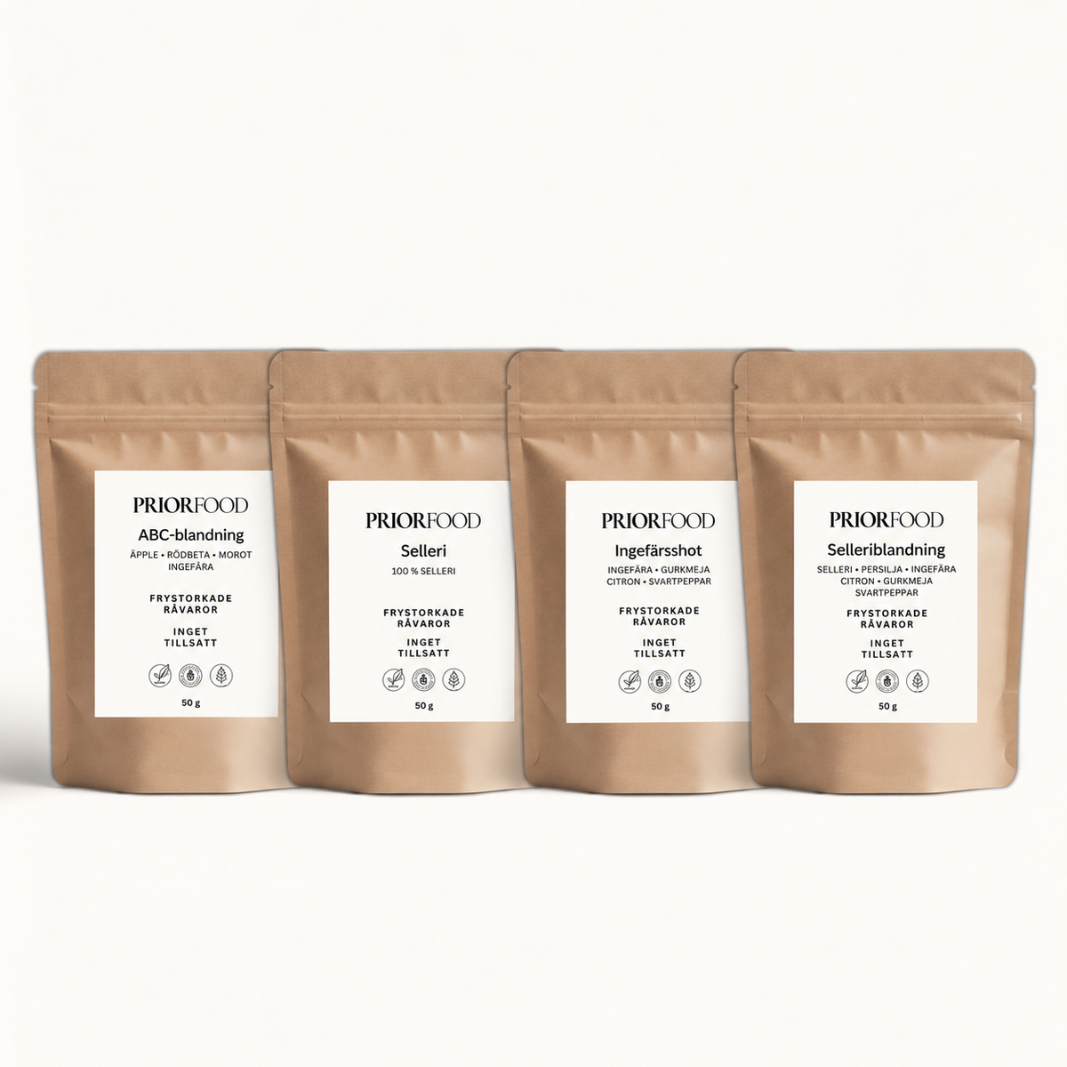 Fyra Priorfood-påsar med svenska etiketter: ABC-blandning, Selleri, Ingefärsshot och Selleriblandning, 50 g vardera.