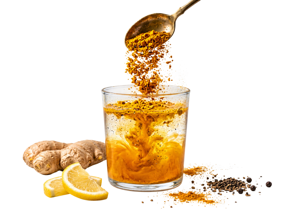 Varm ingefärs- och citrondryck med gult pulver från en sked, ingefära, citron och svartpeppar