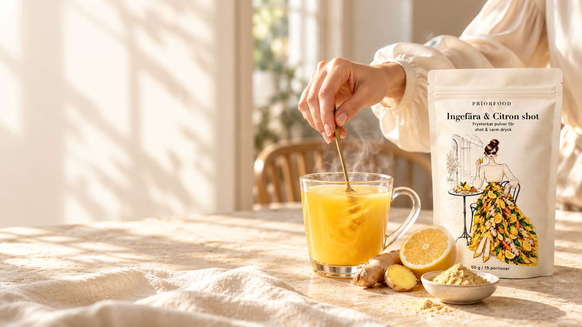 En hand rör om en varm ingefärs- och citrondryck bredvid Priorfoods påse, citron, ingefära och frystorkat pulver