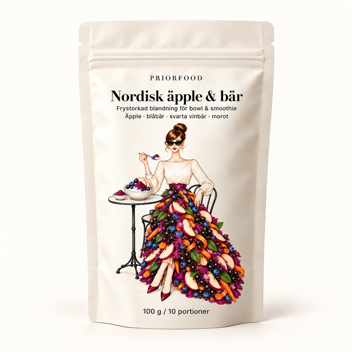 Priorfood Nordic äpple & bär, benvit påse med illustrerad modell och frystorkad blandning för bowl och smoothie
