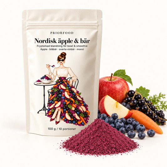 Priorfood Nordic Daily med äpple, blåbär, svarta vinbär, morot och bärpulver för smoothie och bowl