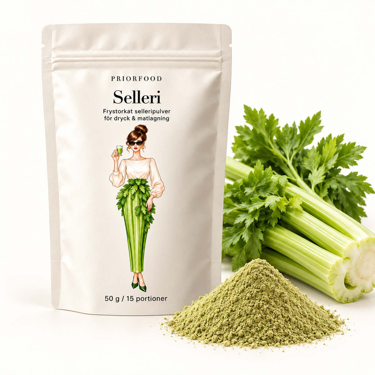 Priorfood Selleri med selleristjälkar och grönt frystorkat selleripulver för dryck och matlagning